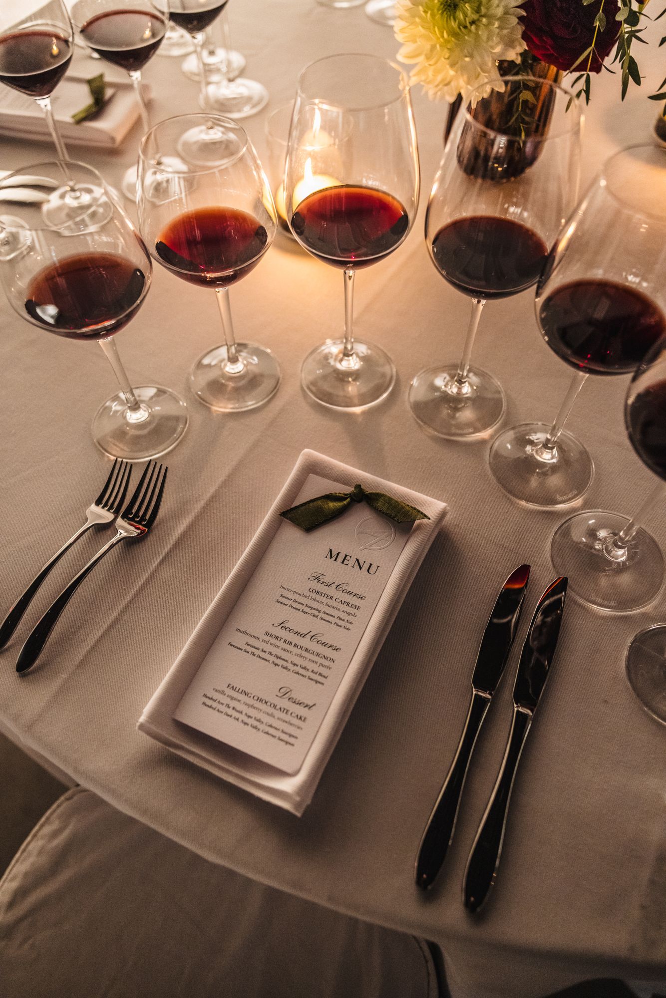 A wine dinner place setting at Archive, Boston